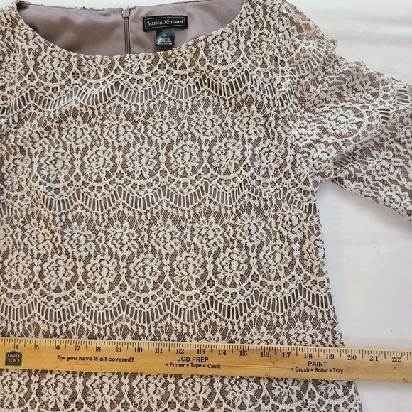 Jessica Howard Cream Beige Sequin Crochet Lace Overlay Lined Shift Dress Size 16 - Picture 8 of 10